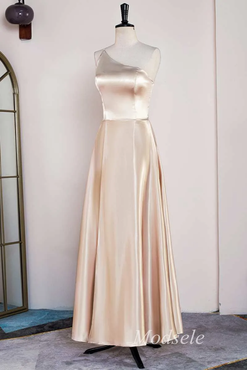 A-Line Champagne One-Shoulder A-Line Long Dress