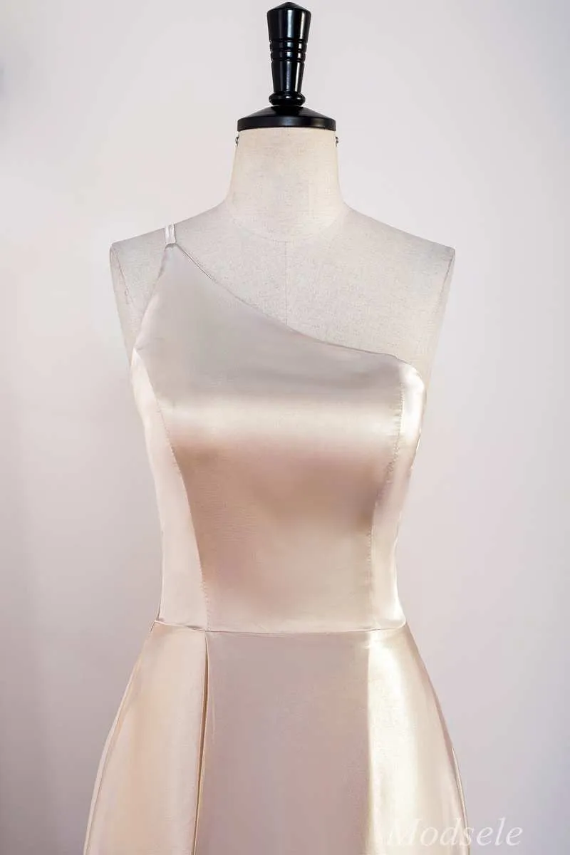 A-Line Champagne One-Shoulder A-Line Long Dress