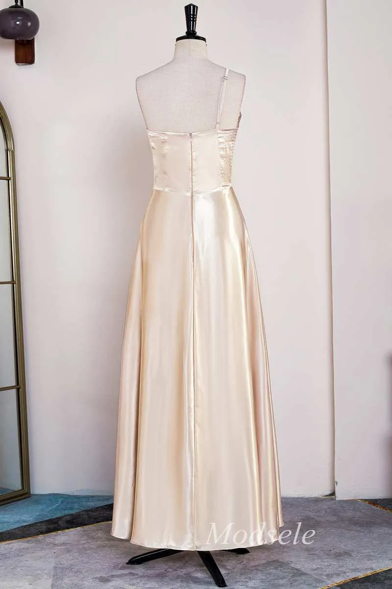 A-Line Champagne One-Shoulder A-Line Long Dress