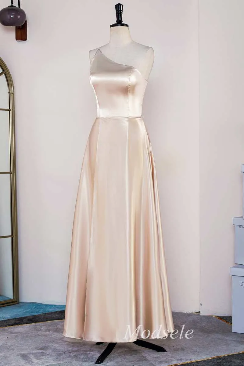 A-Line Champagne One-Shoulder A-Line Long Dress