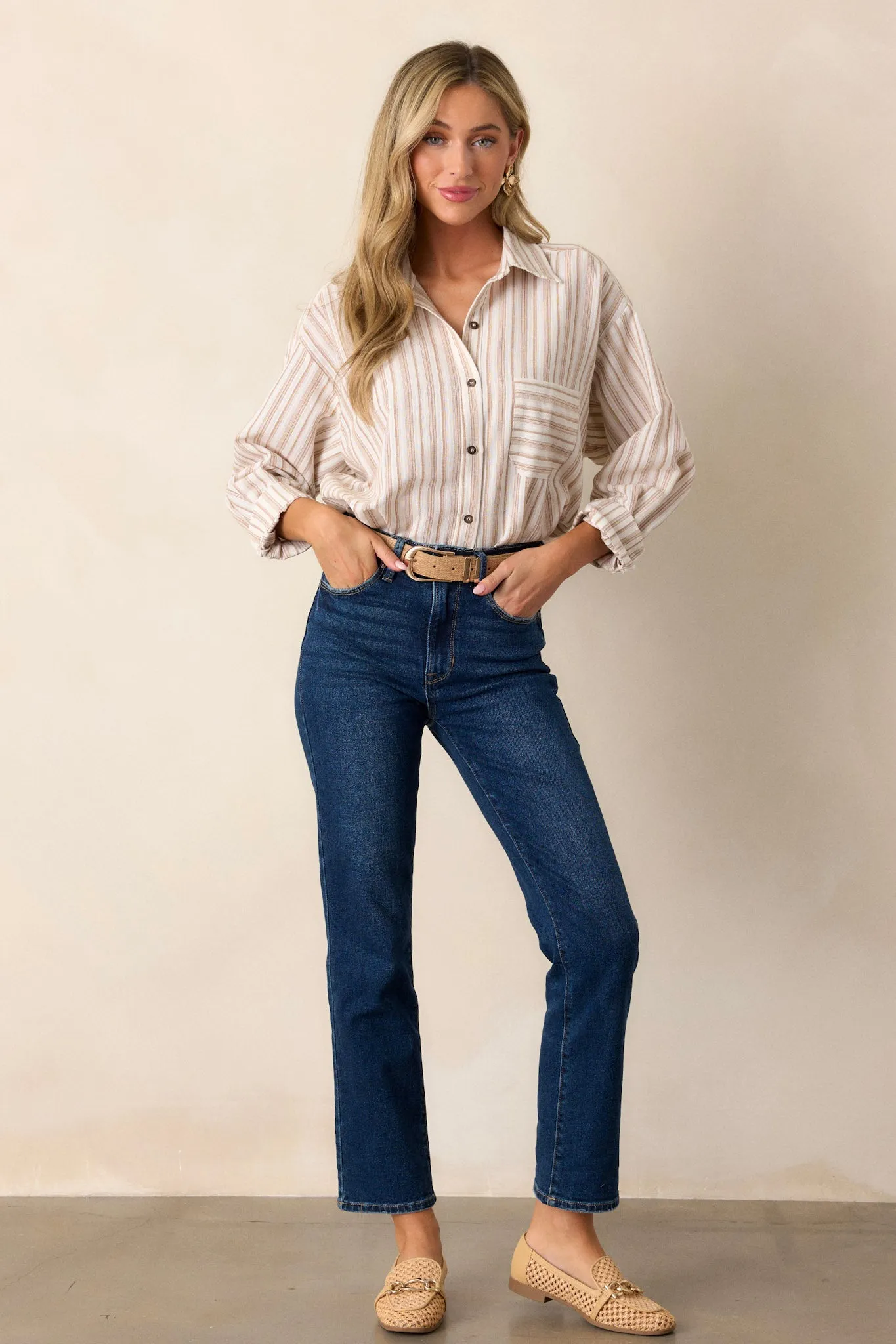 Boho Harmony Ivory Button Front Stripe Top
