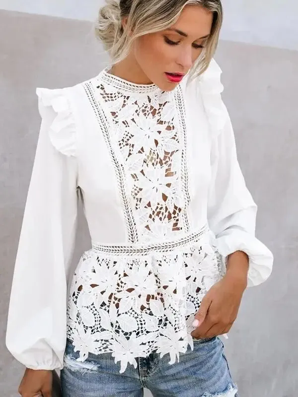 Boho Long Sleeve Floral Lace White Hollow Back Shirt Blouse for Women