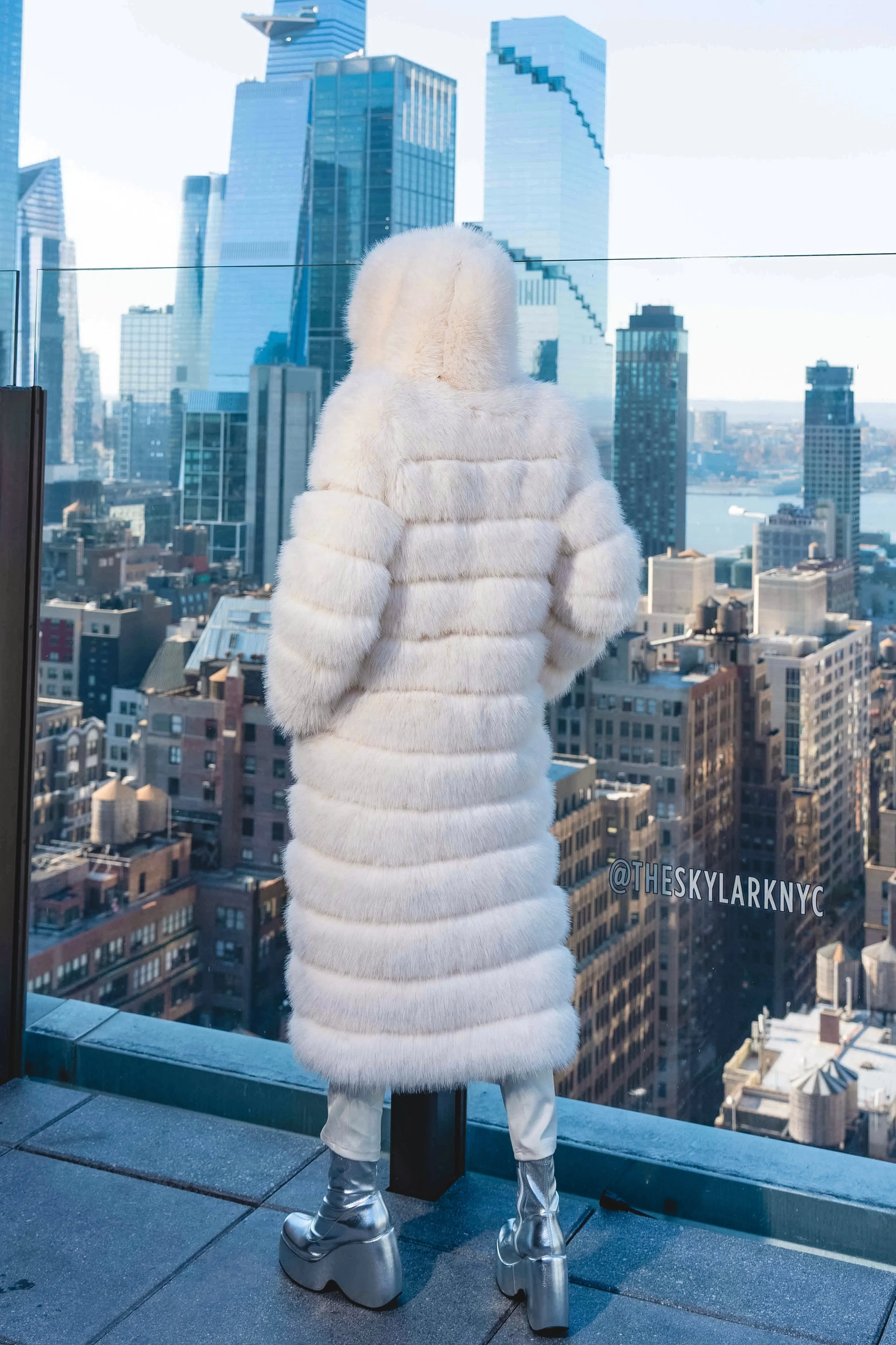 Crme de la Crme  Extra Long Hooded Faux Fur Coat