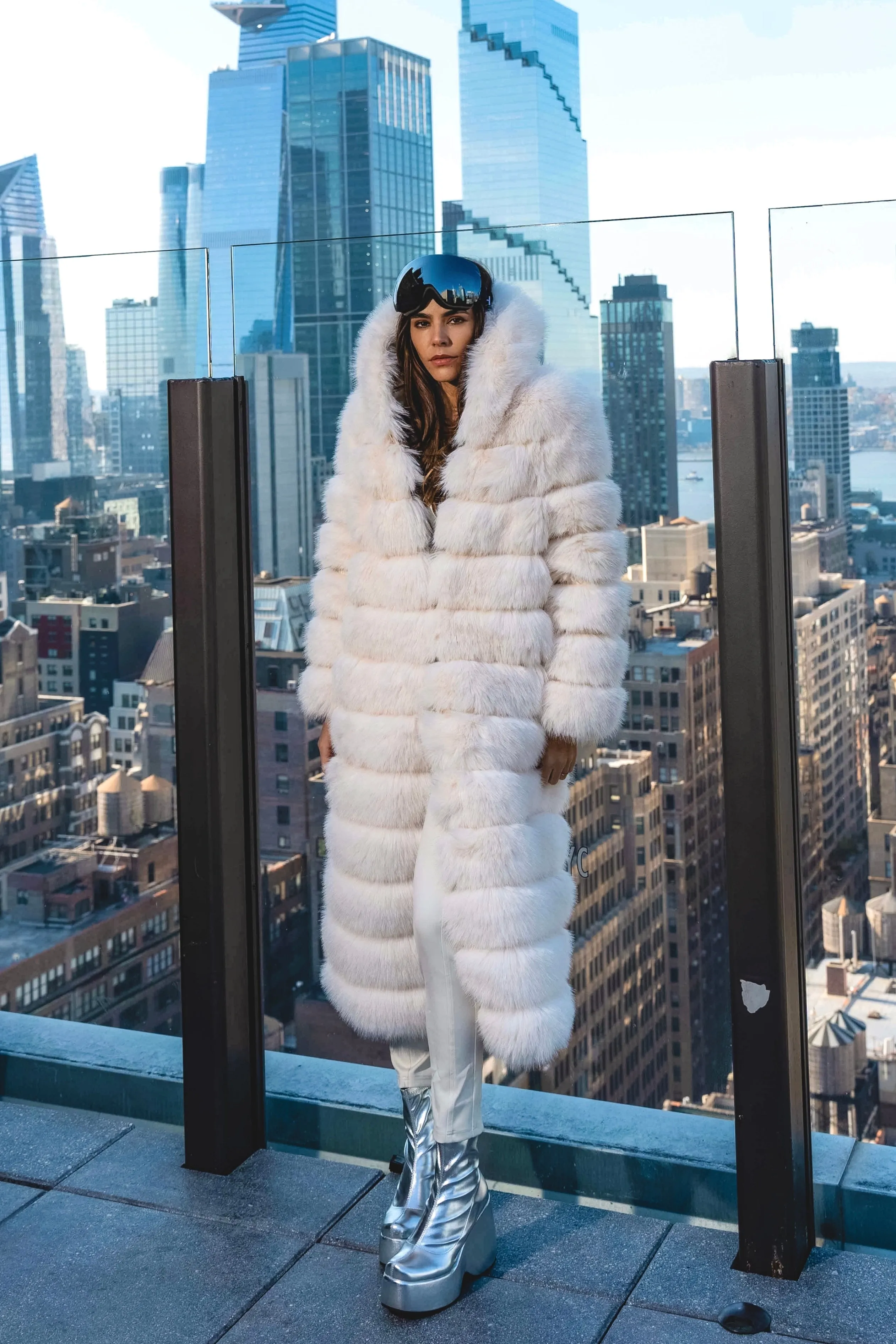 Crme de la Crme  Extra Long Hooded Faux Fur Coat