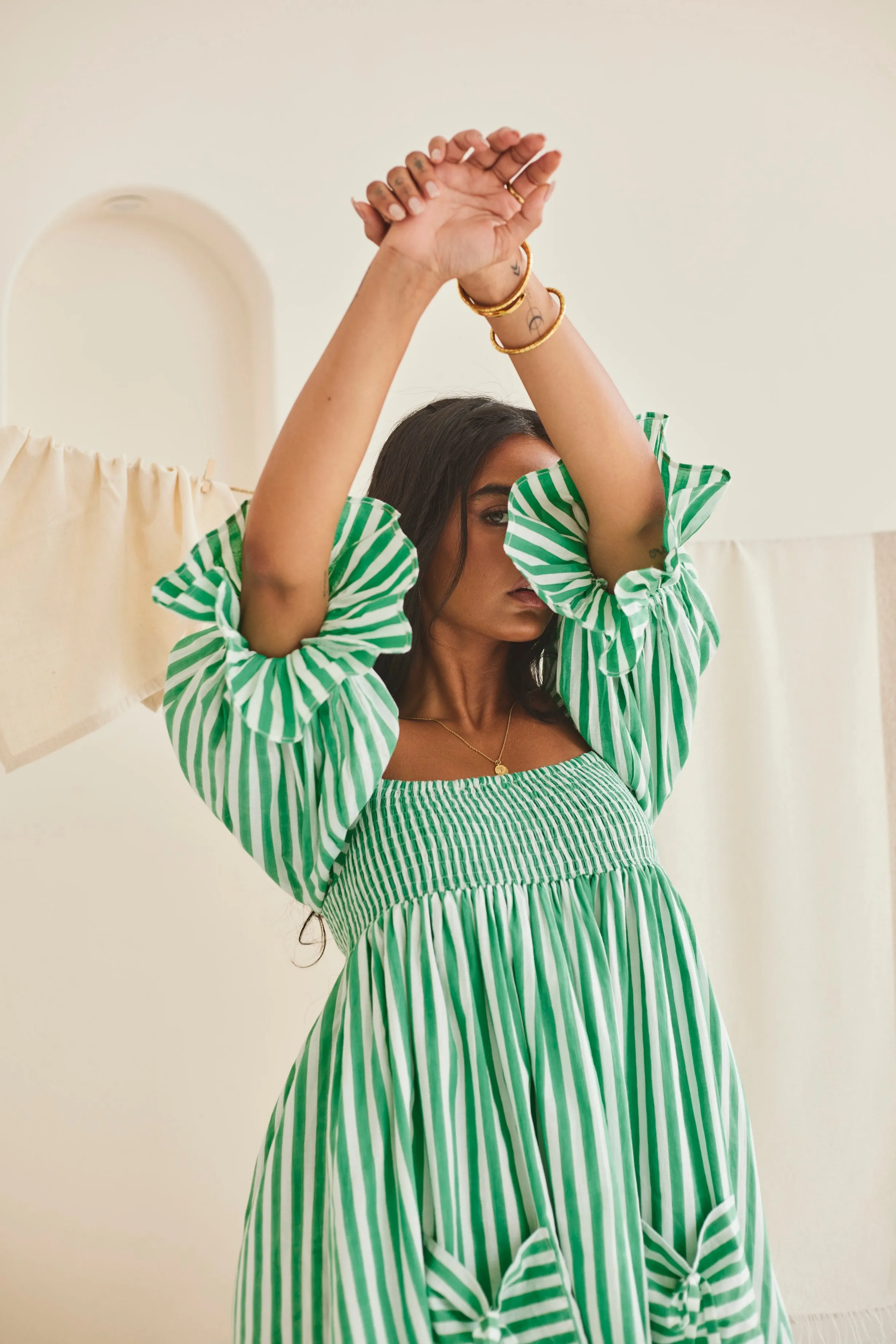 Green Striped A-line Dress