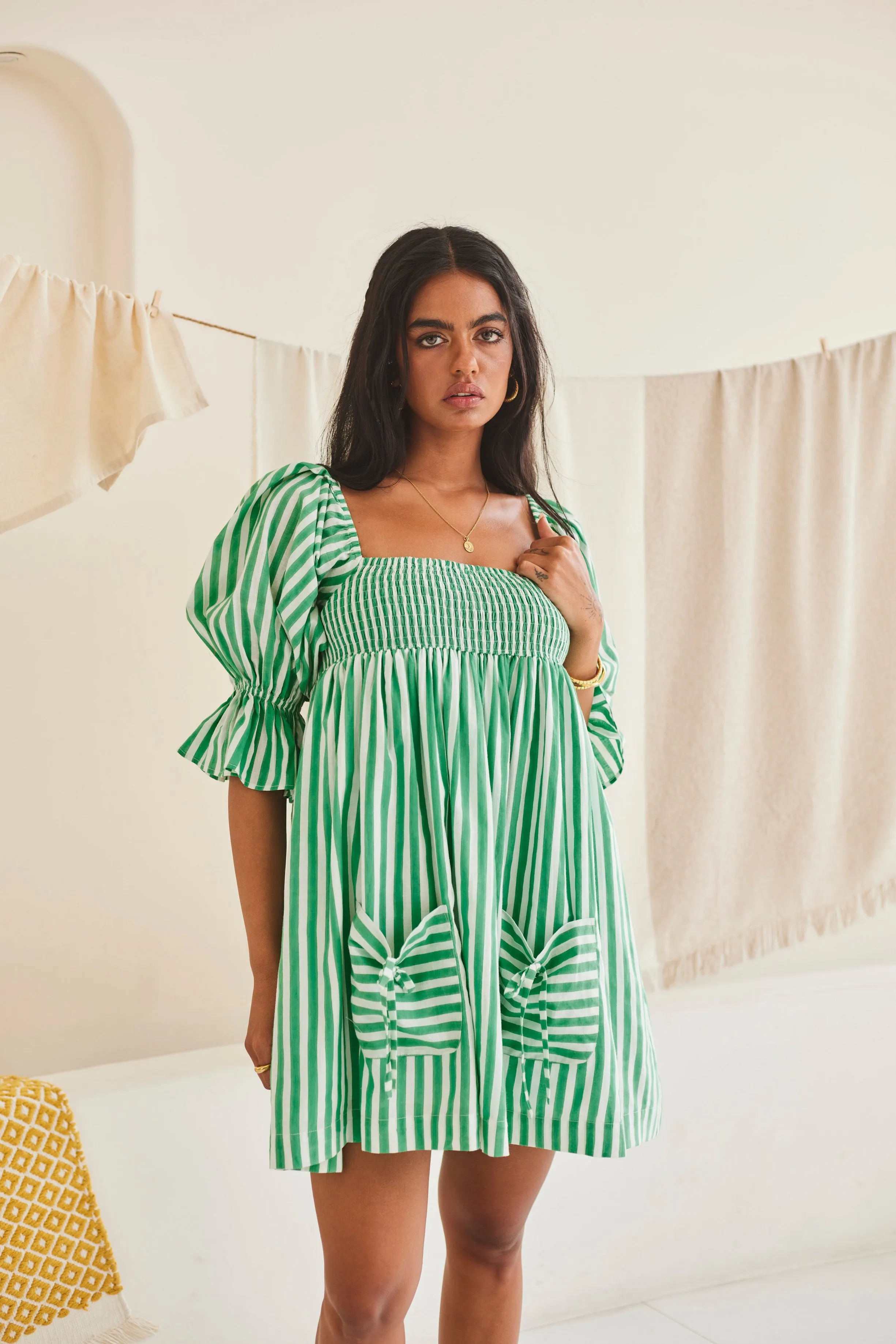 Green Striped A-line Dress