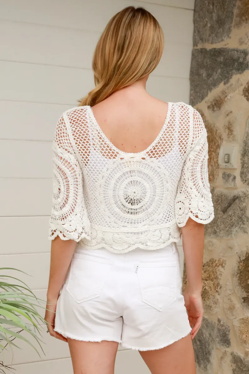 Isabella Boho Azure Crochet Shirt Cover up - White