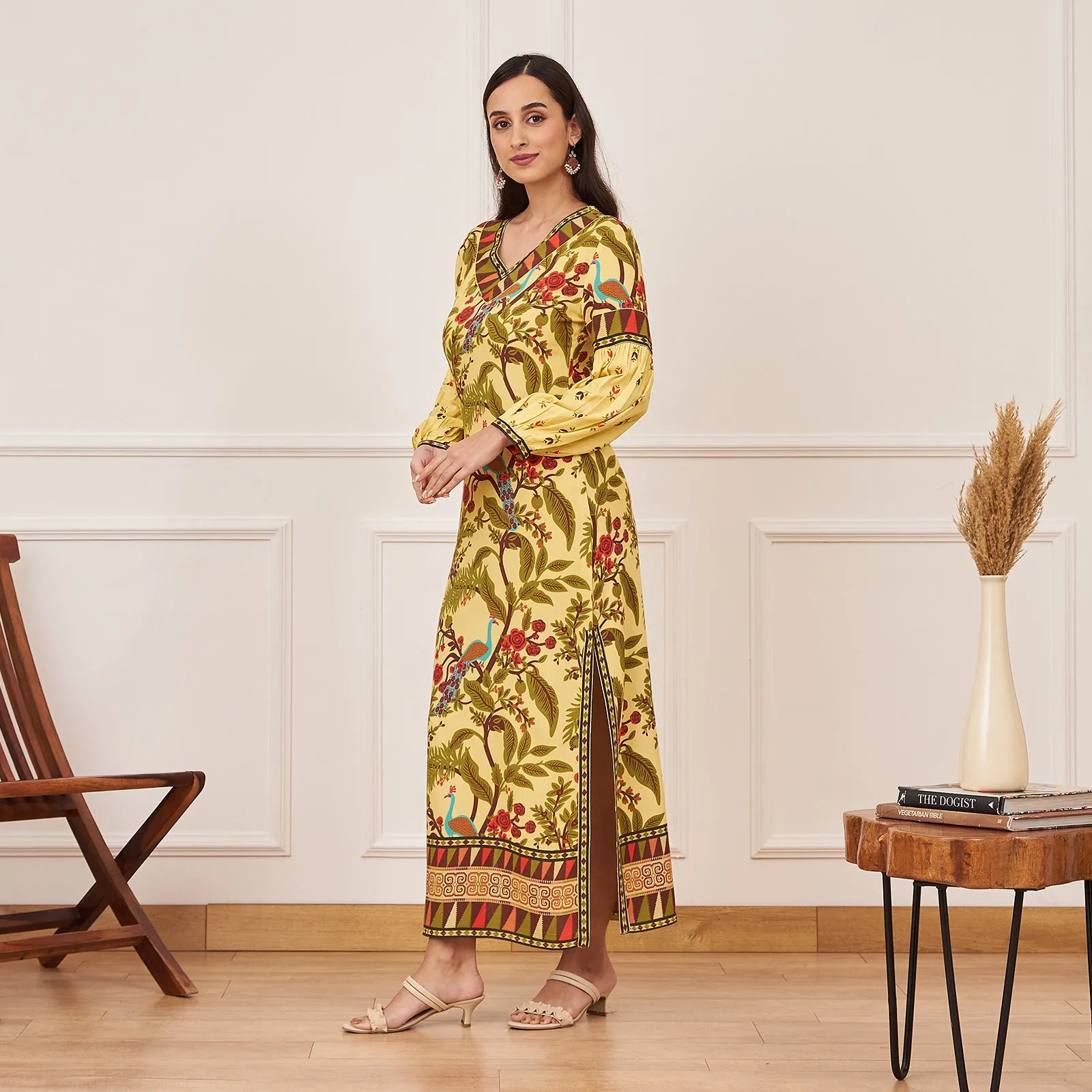 Lime Yellow Peacock Printed Side Slit Maxi Dress