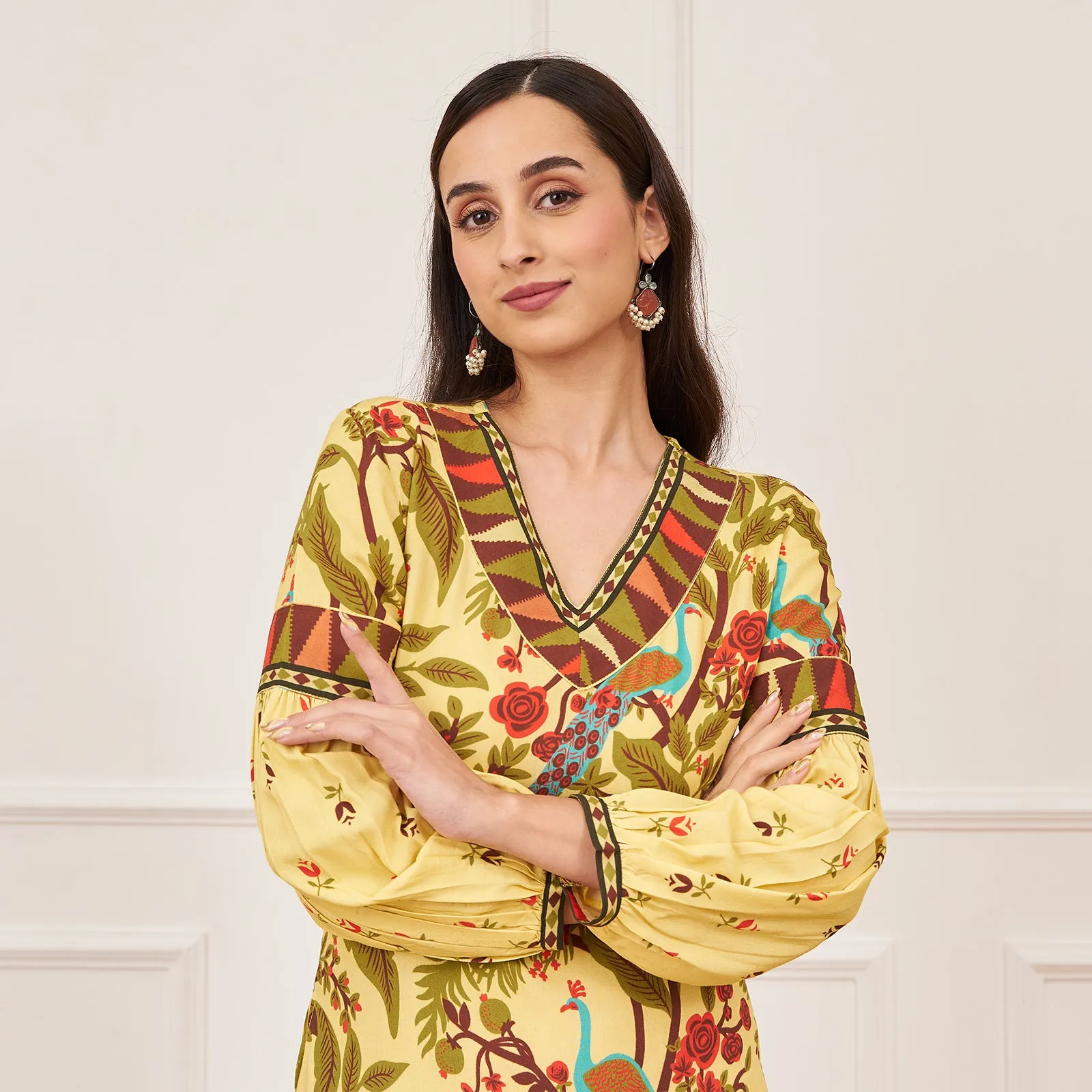 Lime Yellow Peacock Printed Side Slit Maxi Dress