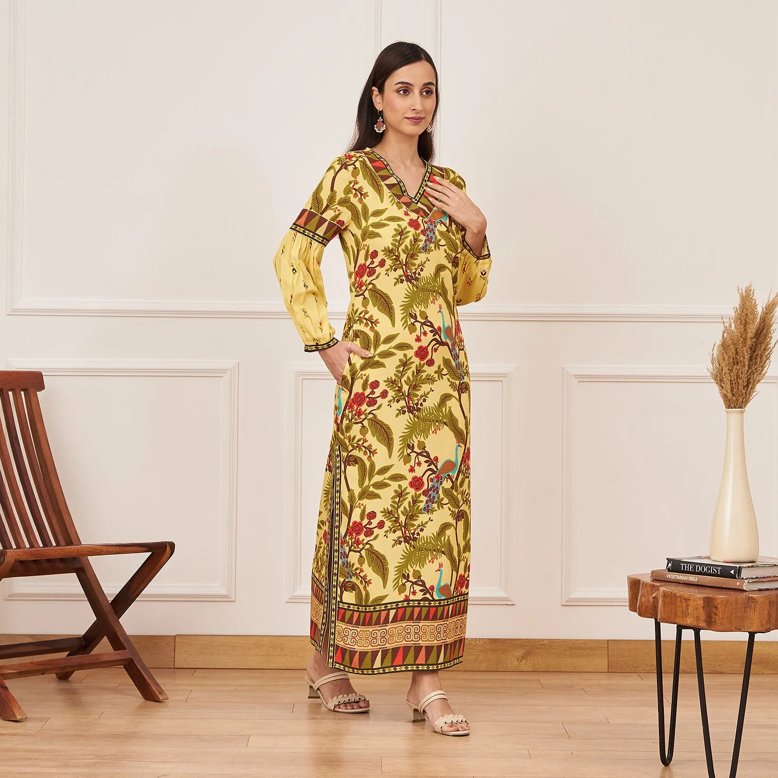 Lime Yellow Peacock Printed Side Slit Maxi Dress