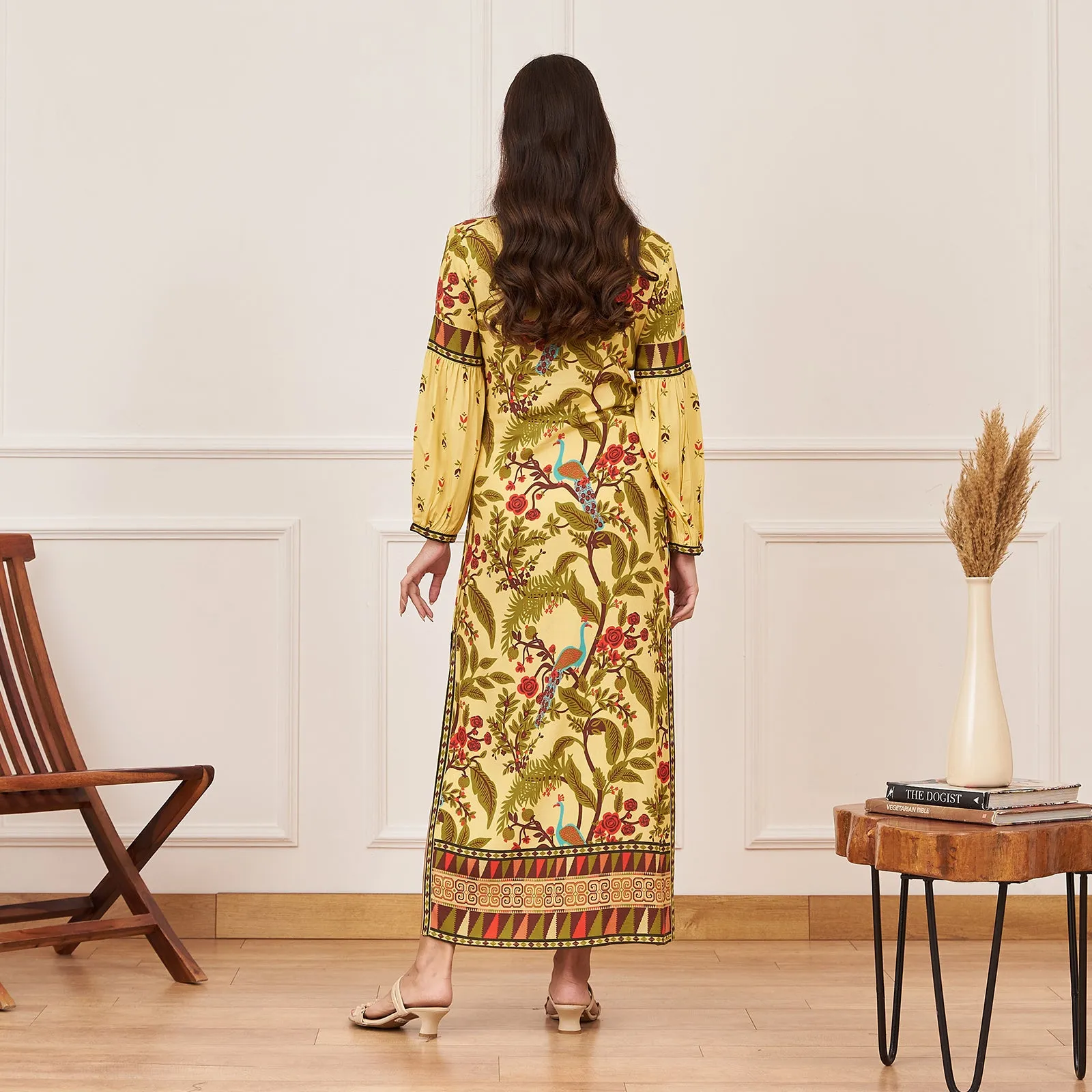 Lime Yellow Peacock Printed Side Slit Maxi Dress