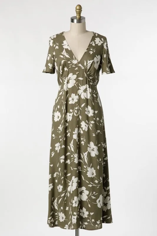 Olive Floral A-Line Dress