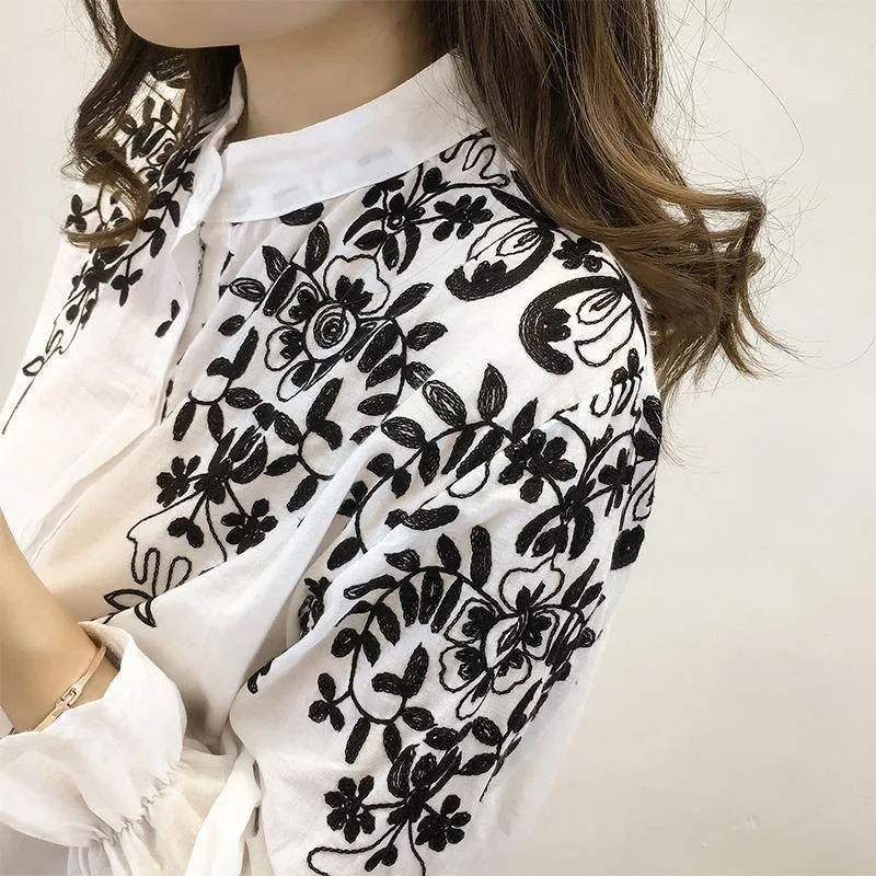 Plus Size - Embroidery Blouse Shirt Cotton Linen (US 8-20)