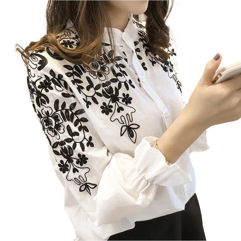 Plus Size - Embroidery Blouse Shirt Cotton Linen (US 8-20)