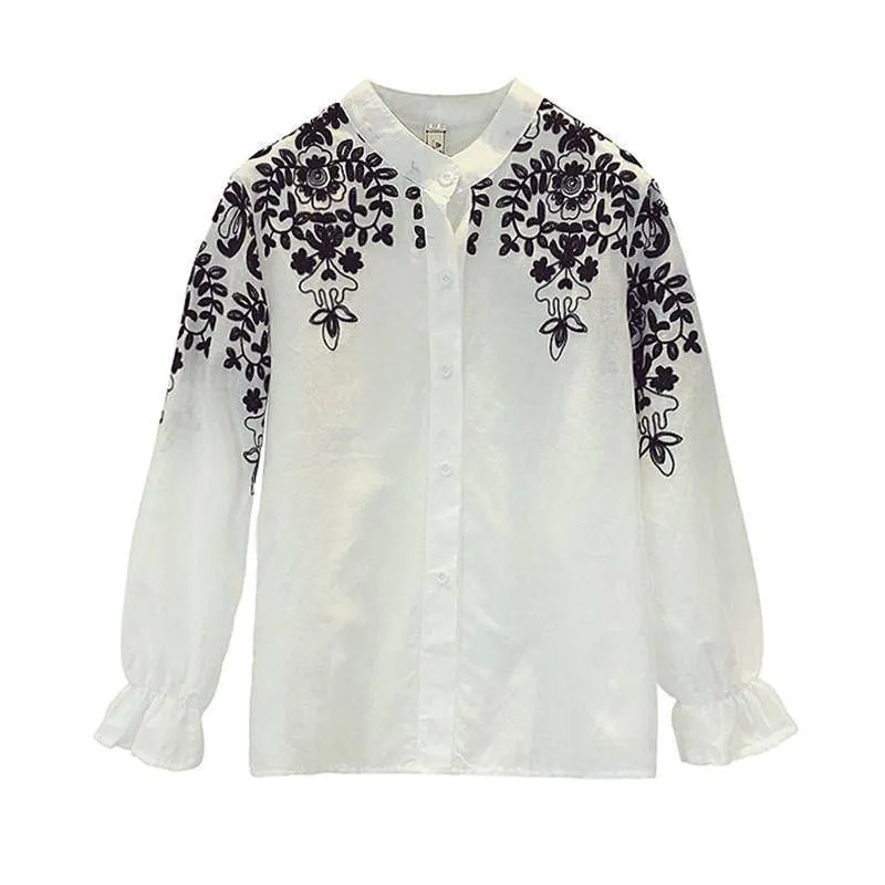 Plus Size - Embroidery Blouse Shirt Cotton Linen (US 8-20)