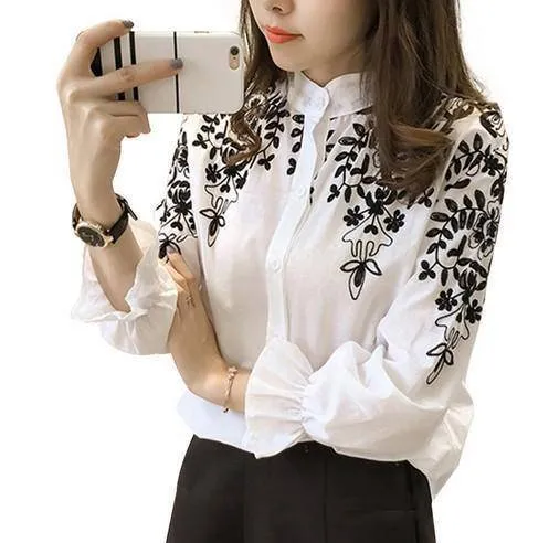 Plus Size - Embroidery Blouse Shirt Cotton Linen (US 8-20)