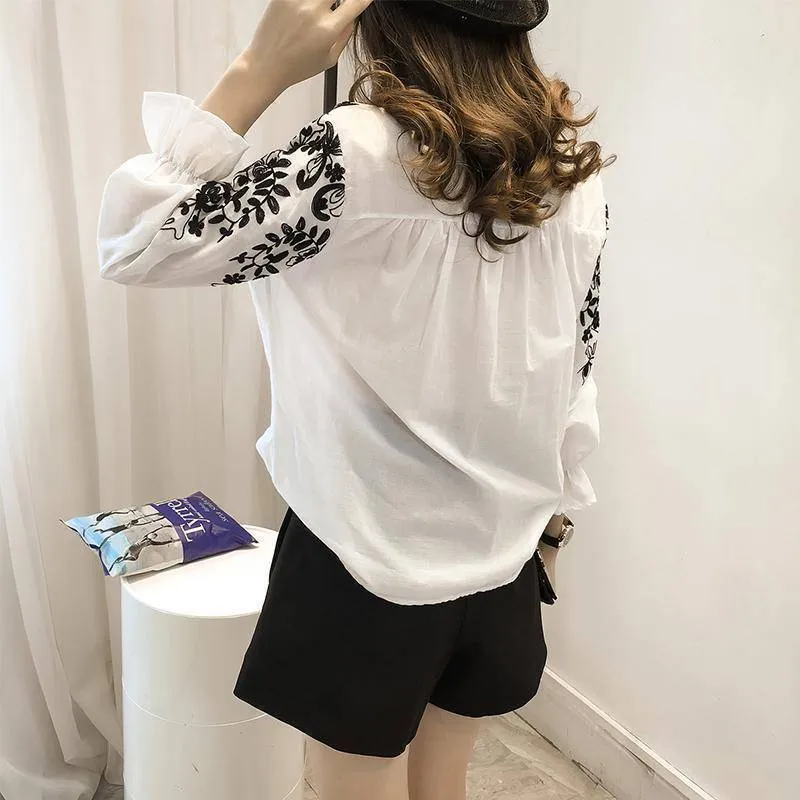 Plus Size - Embroidery Blouse Shirt Cotton Linen (US 8-20)