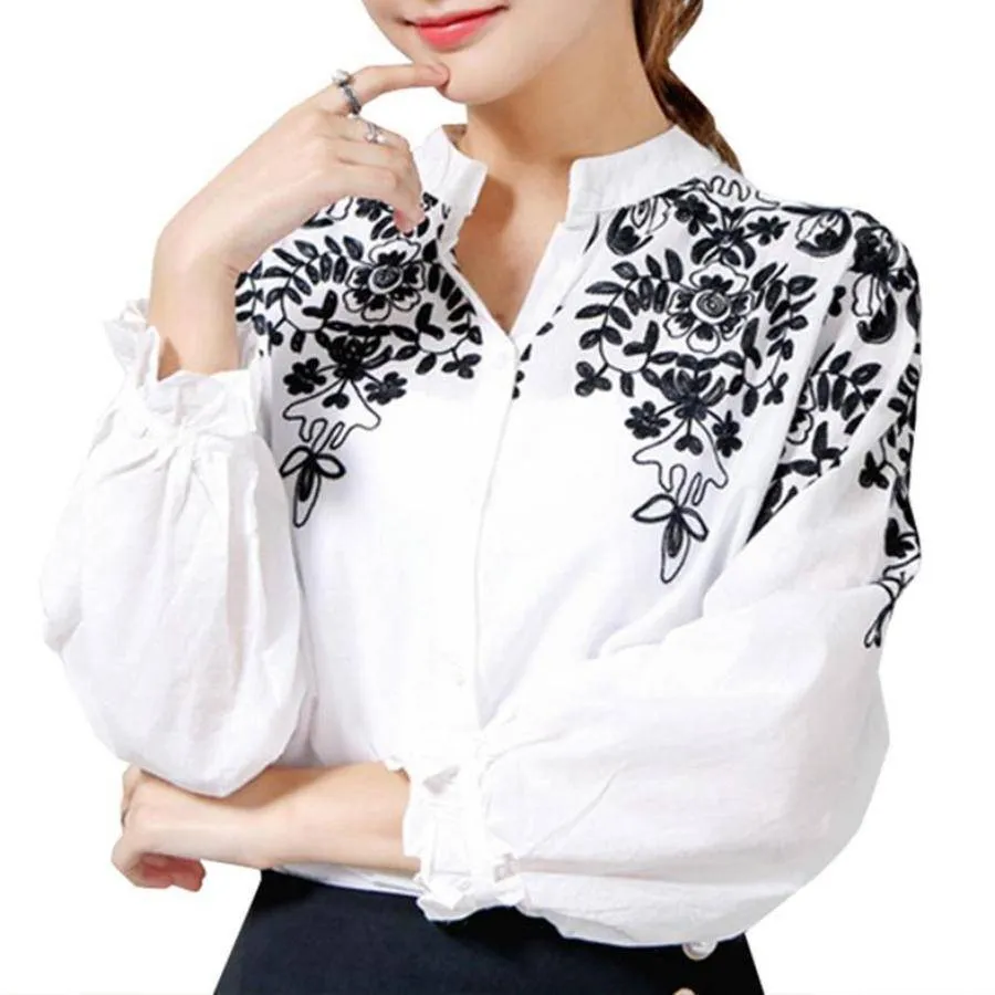 Plus Size - Embroidery Blouse Shirt Cotton Linen (US 8-20)