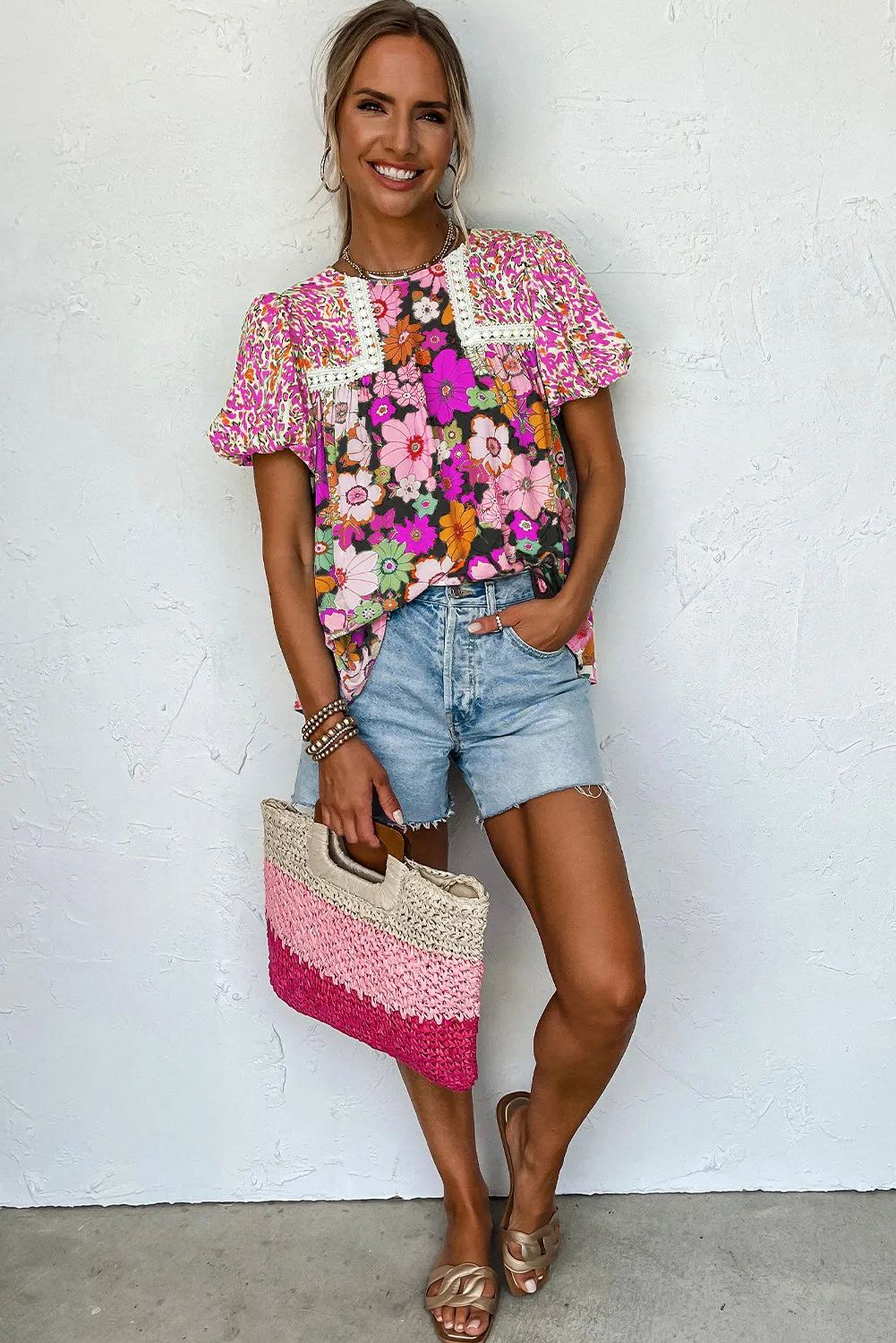 Rose Red Bubble Sleeve Lace Trim Floral Blouse