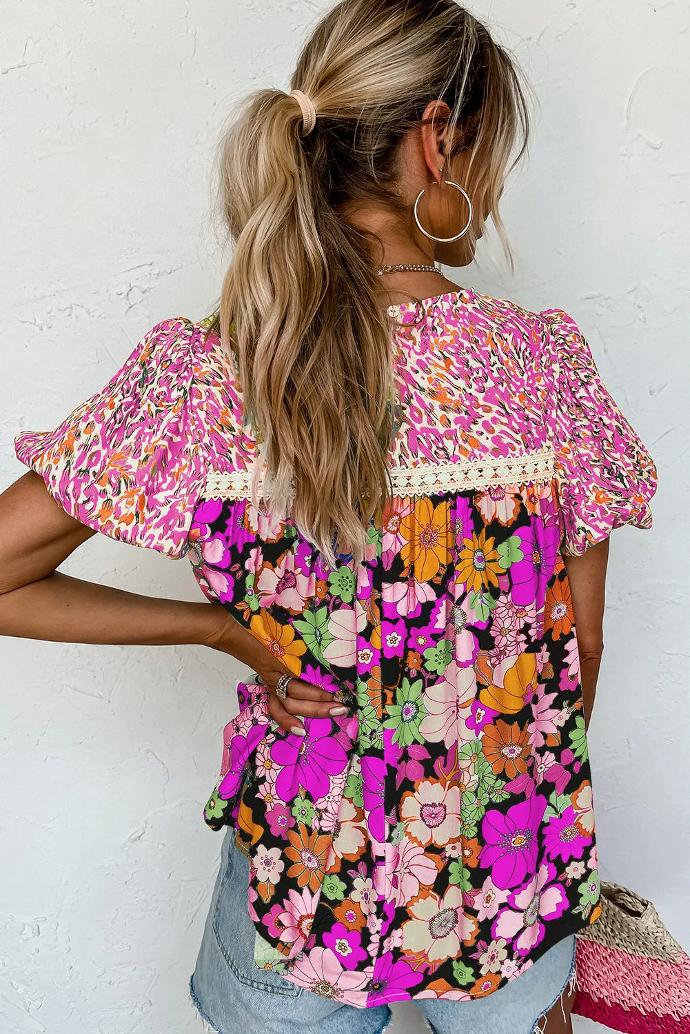 Rose Red Bubble Sleeve Lace Trim Floral Blouse