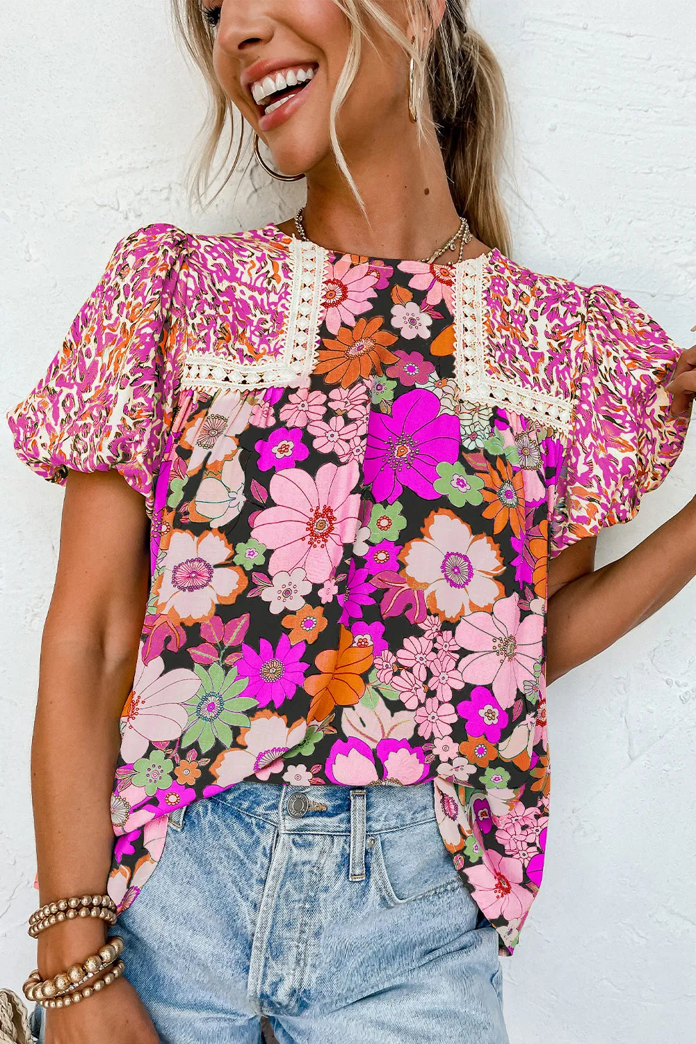 Rose Red Bubble Sleeve Lace Trim Floral Blouse
