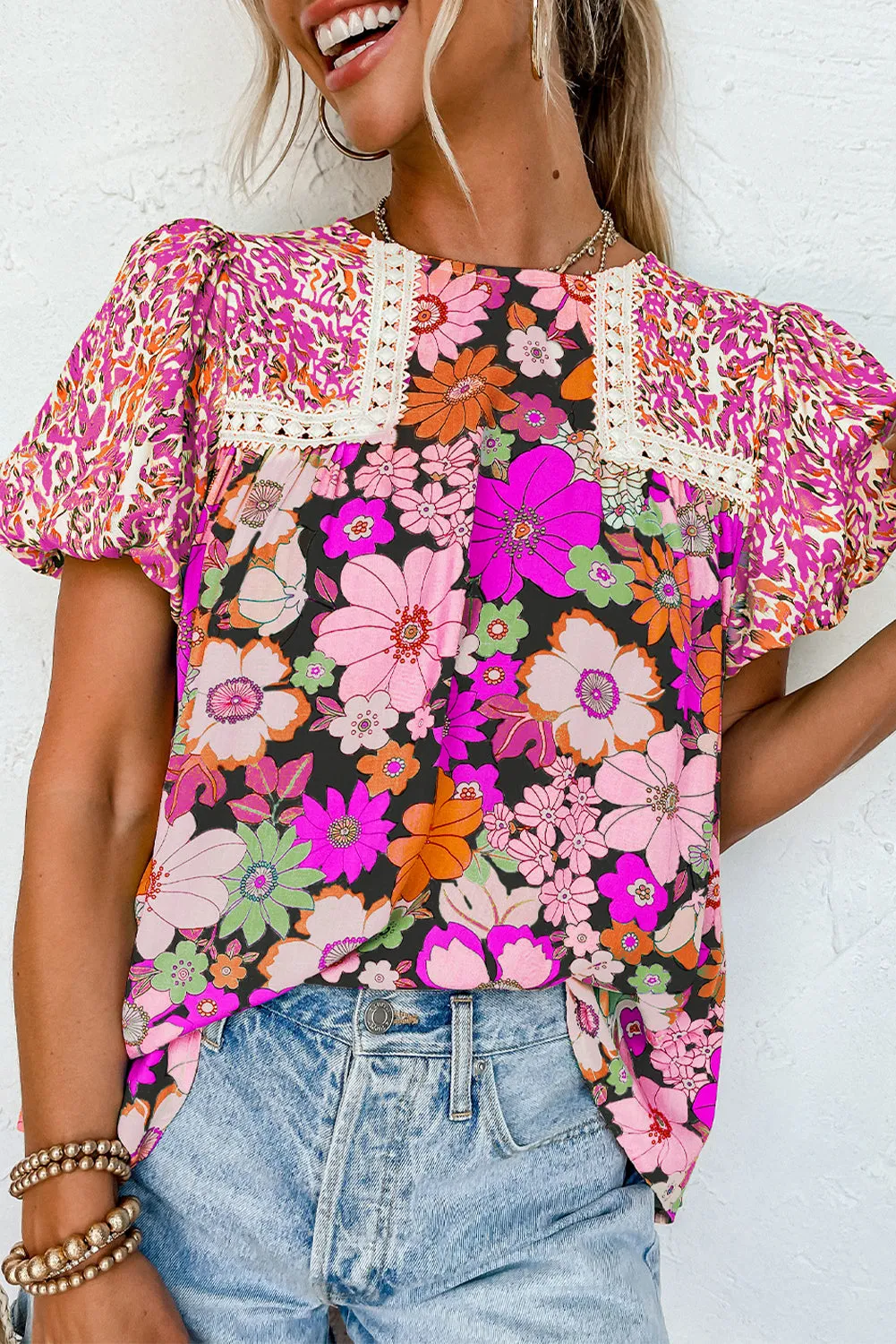 Rose Red Bubble Sleeve Lace Trim Floral Blouse