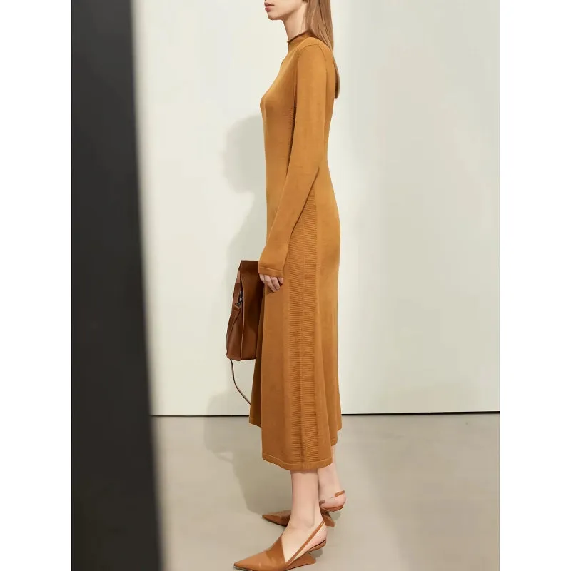 Slim A-Line Knitted Dress with Half High Collar