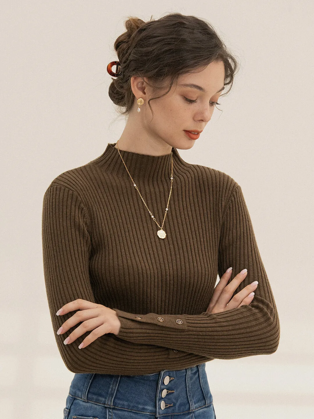 Stella Mock Turtleneck Brown Bottoming Top