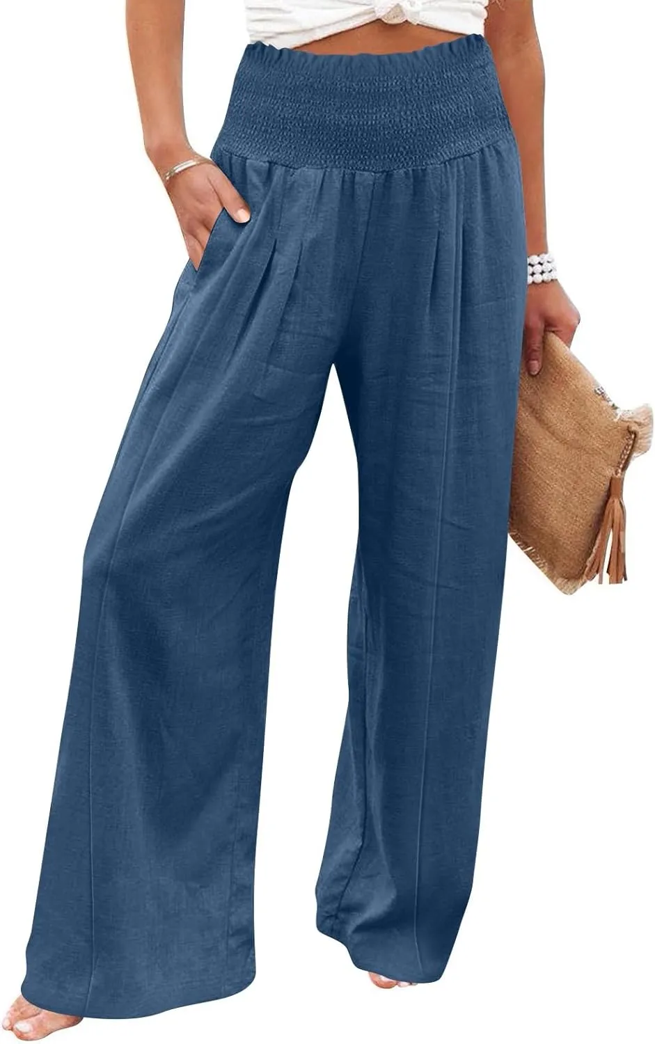 Women Cotton Linen Summer Breathable Palazzo Pants Low Waist Stretchy Slim Fit Trousers Beach