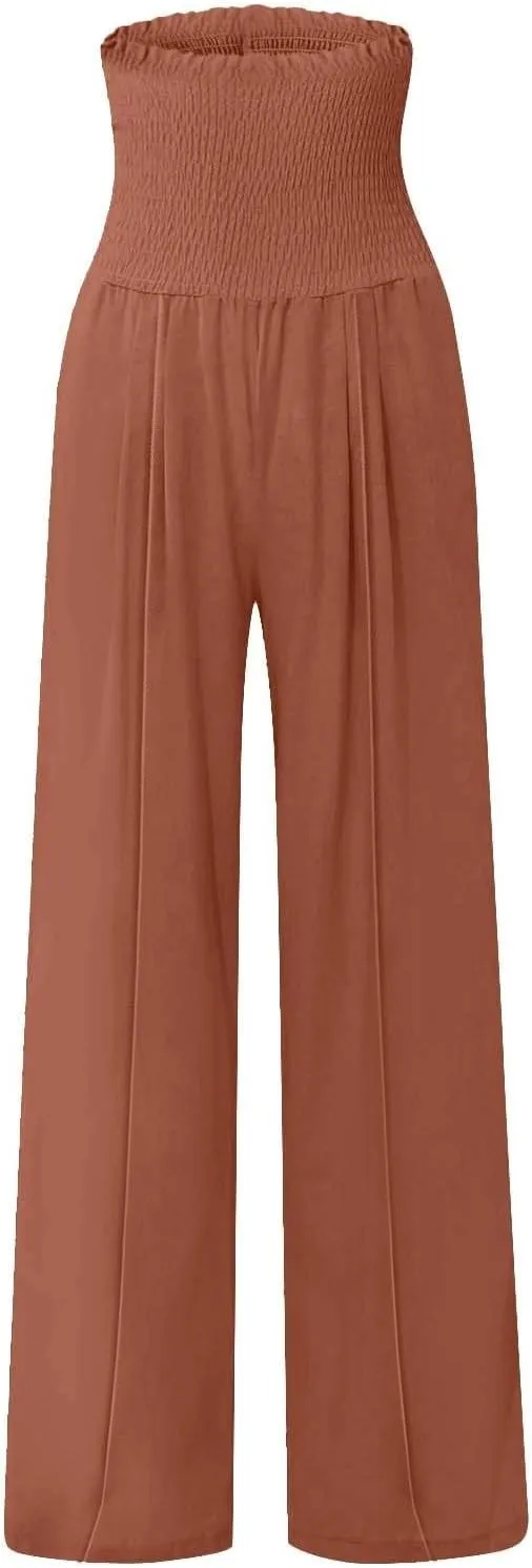 Women Cotton Linen Summer Breathable Palazzo Pants Low Waist Stretchy Slim Fit Trousers Beach