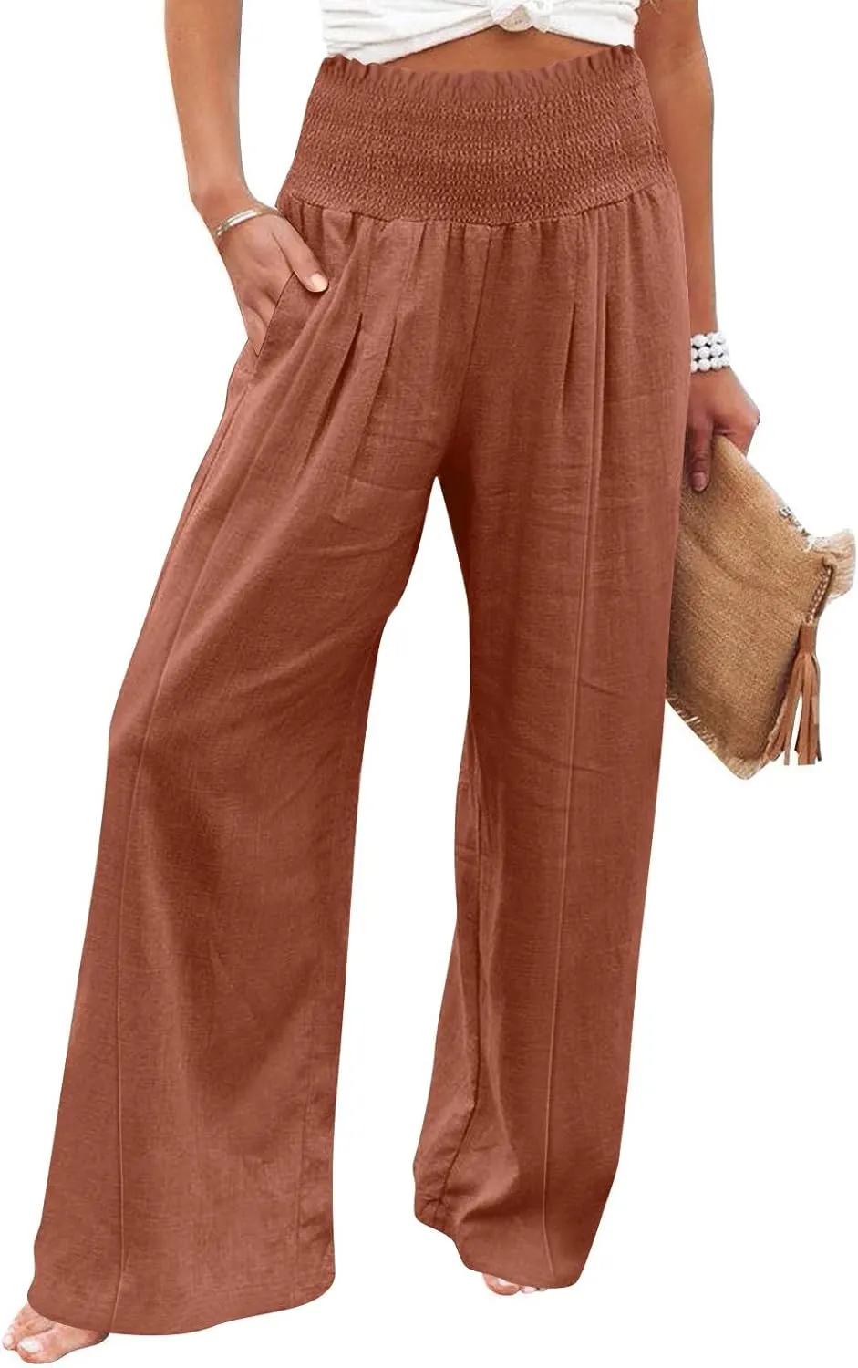 Women Cotton Linen Summer Breathable Palazzo Pants Low Waist Stretchy Slim Fit Trousers Beach