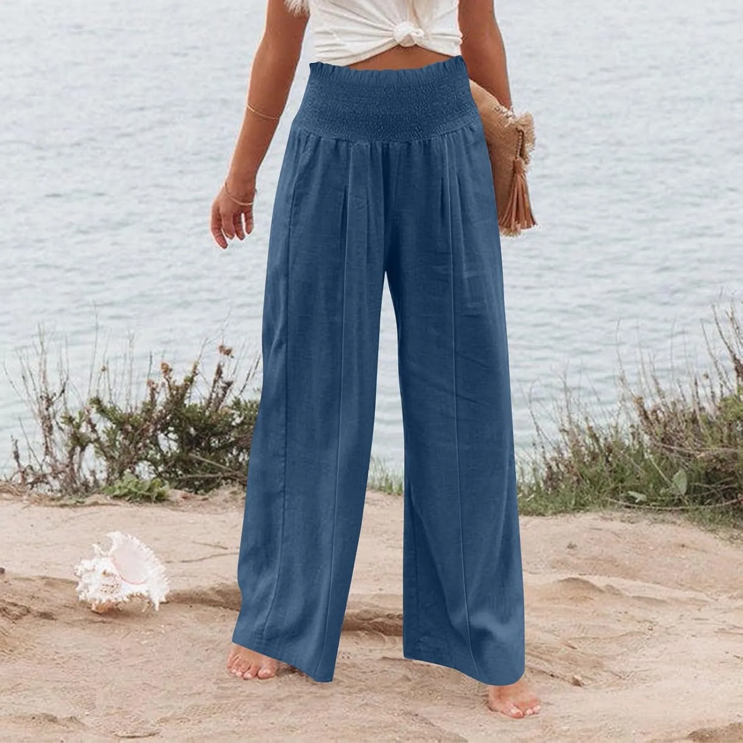 Women Cotton Linen Summer Breathable Palazzo Pants Low Waist Stretchy Slim Fit Trousers Beach