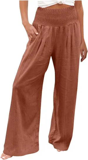 Women Cotton Linen Summer Breathable Palazzo Pants Low Waist Stretchy Slim Fit Trousers Beach