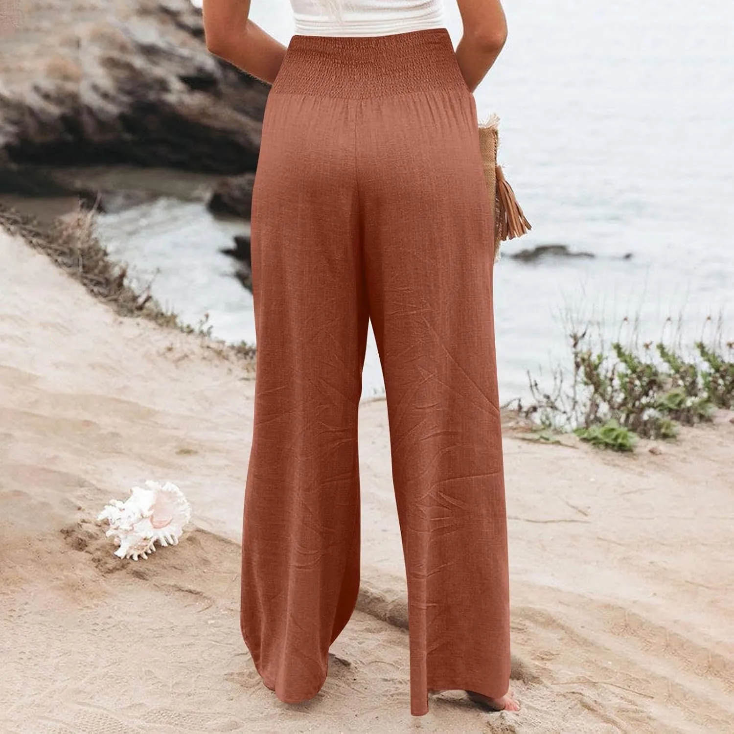 Women Cotton Linen Summer Breathable Palazzo Pants Low Waist Stretchy Slim Fit Trousers Beach