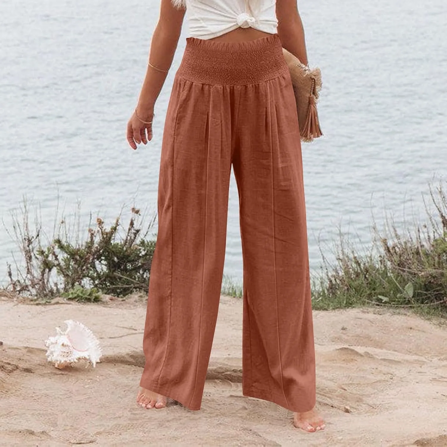 Women Cotton Linen Summer Breathable Palazzo Pants Low Waist Stretchy Slim Fit Trousers Beach