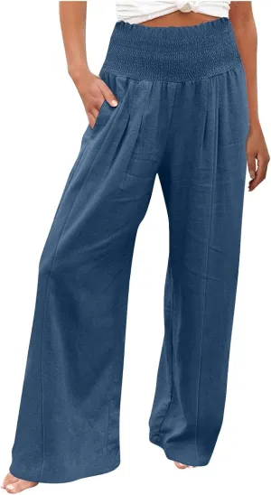 Women Cotton Linen Summer Breathable Palazzo Pants Low Waist Stretchy Slim Fit Trousers Beach