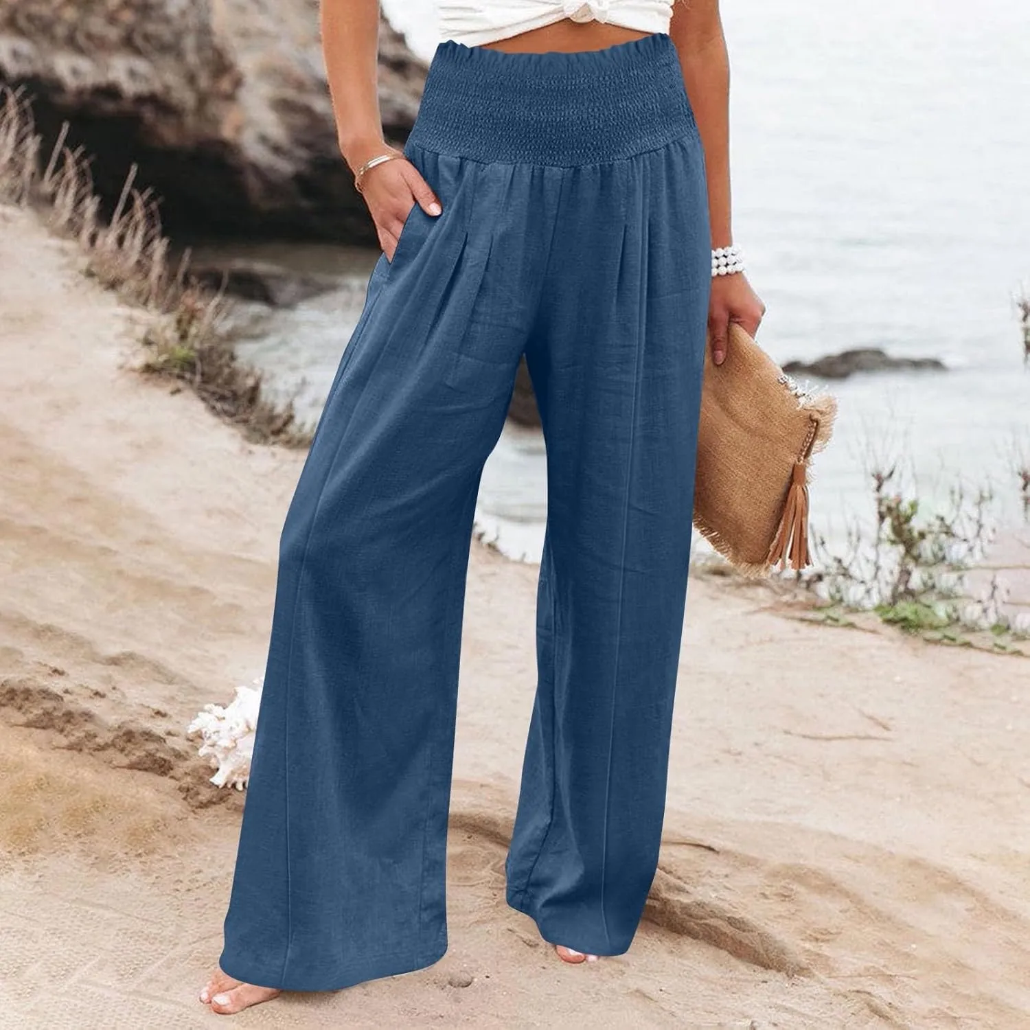 Women Cotton Linen Summer Breathable Palazzo Pants Low Waist Stretchy Slim Fit Trousers Beach