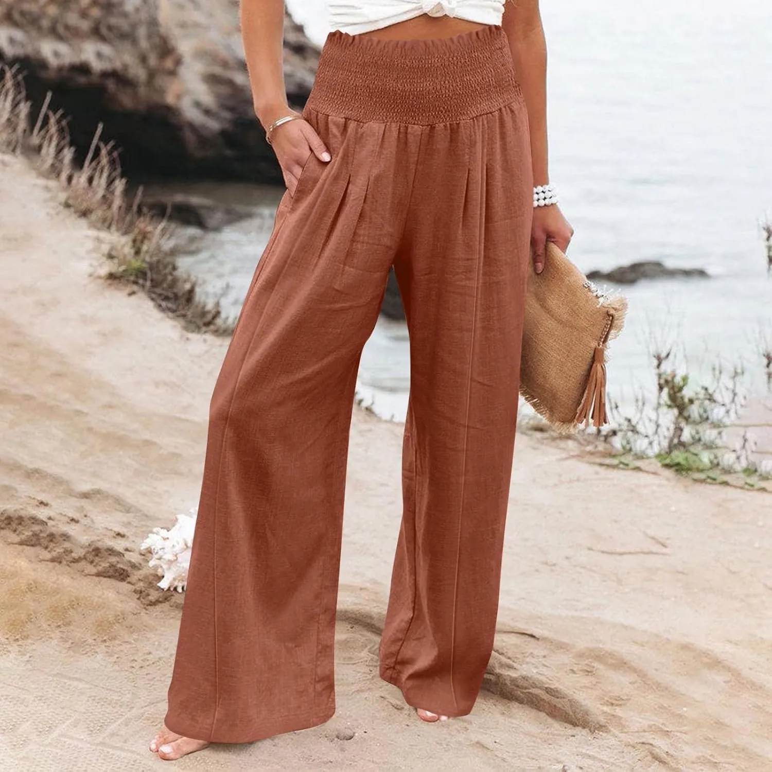 Women Cotton Linen Summer Breathable Palazzo Pants Low Waist Stretchy Slim Fit Trousers Beach