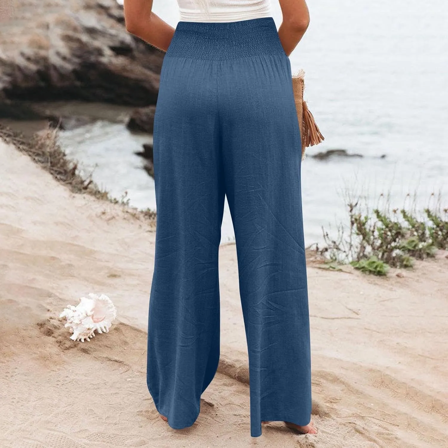 Women Cotton Linen Summer Breathable Palazzo Pants Low Waist Stretchy Slim Fit Trousers Beach